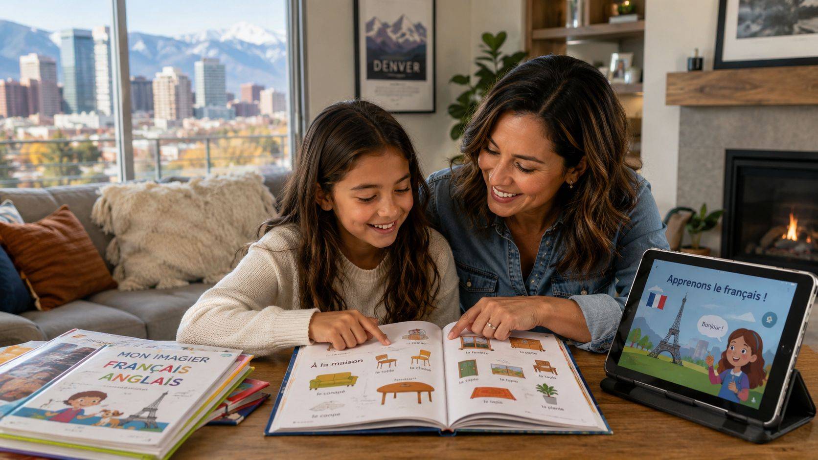 A mother and daughter study French together using a picture book and a tablet in a home.