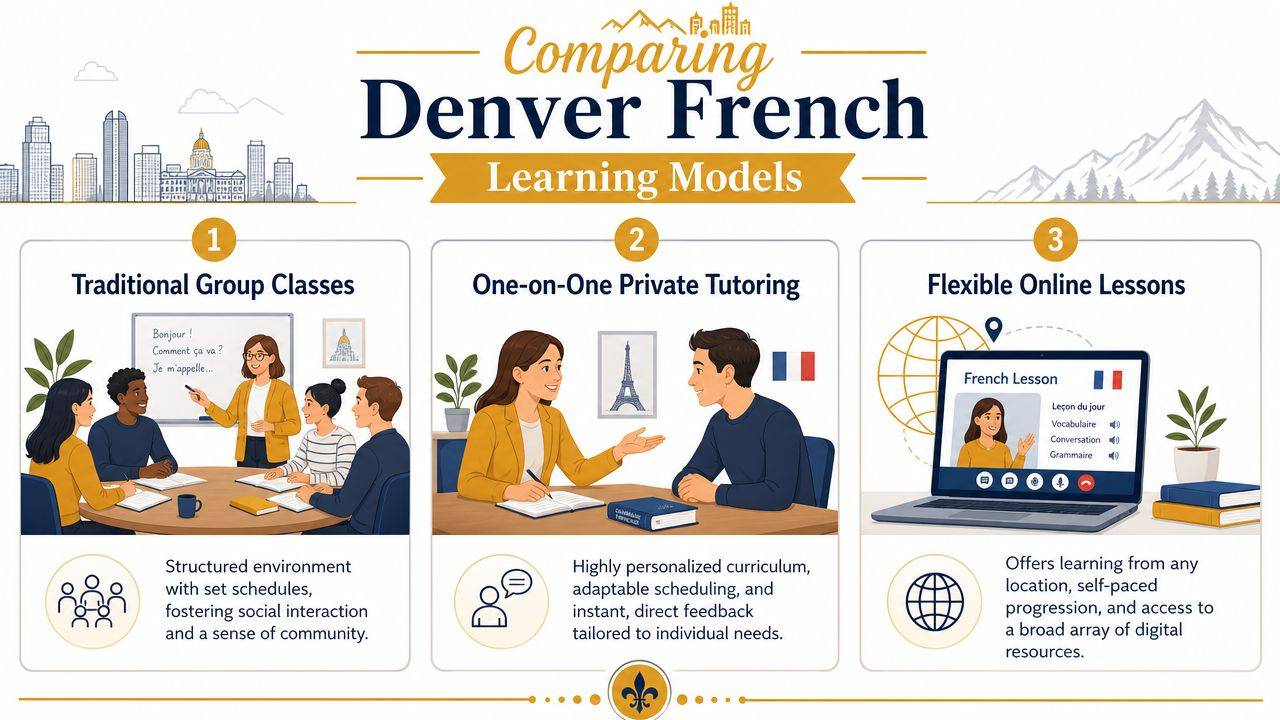 An infographic comparing three French learning models offered in Denver: group classes, private tutoring, and online lessons.
