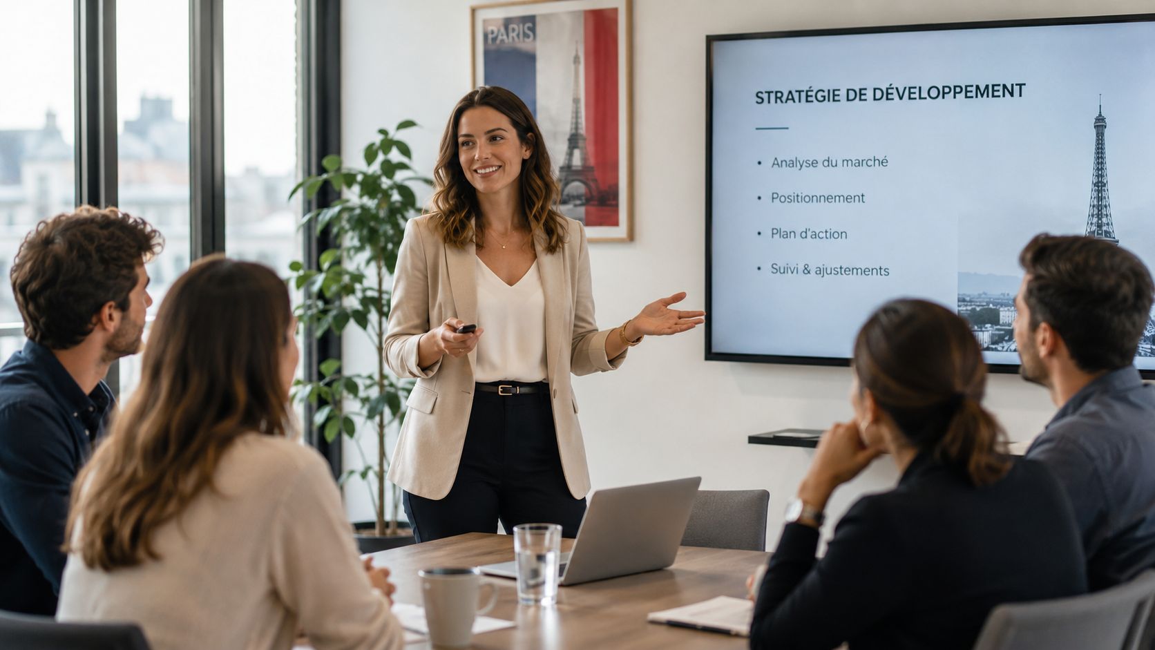 A professional woman presenting a development strategy to her colleagues during an office meeting in Atlanta.