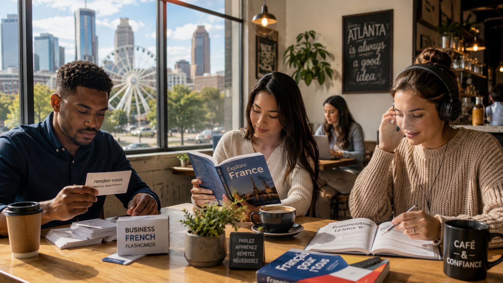 Three students studying French together in a cozy cafe overlooking the Atlanta city skyline.