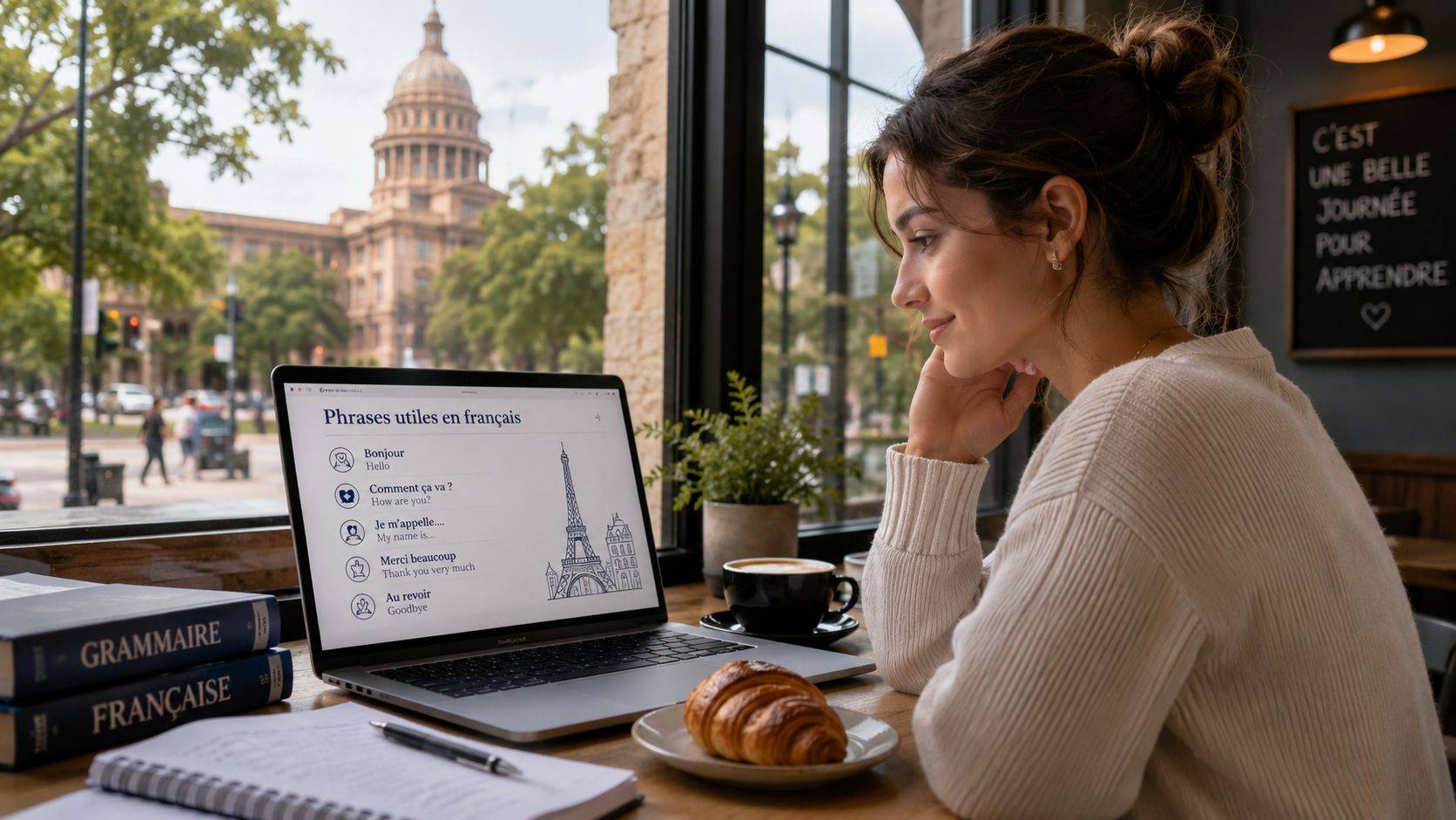 A young woman studying French language phrases on a laptop while sitting in a cafe near a window.