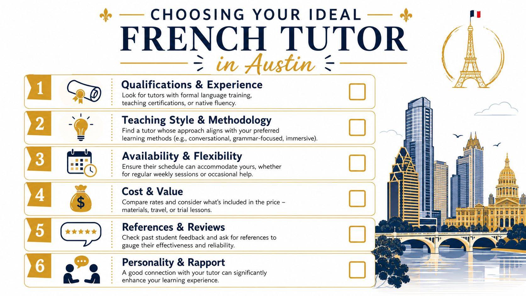 A helpful checklist guide for choosing an ideal French tutor in Austin with six essential criteria.