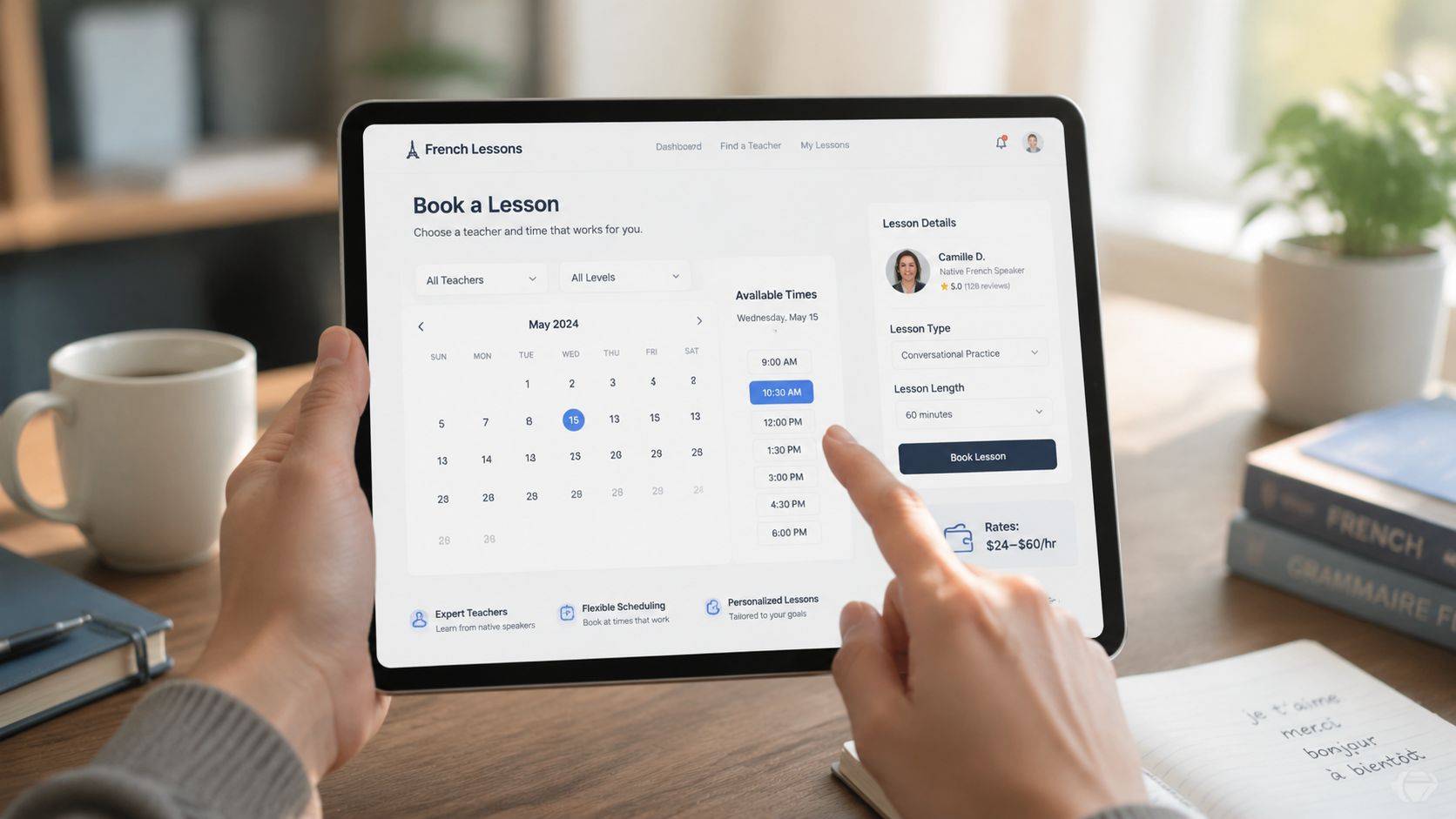 A person using a tablet to book online French lessons with a native speaker.