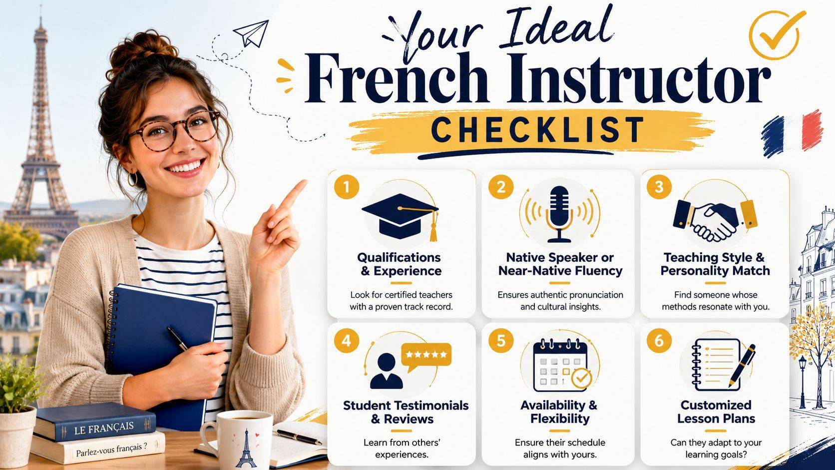 A woman pointing at a checklist for choosing the ideal French instructor for language learning.