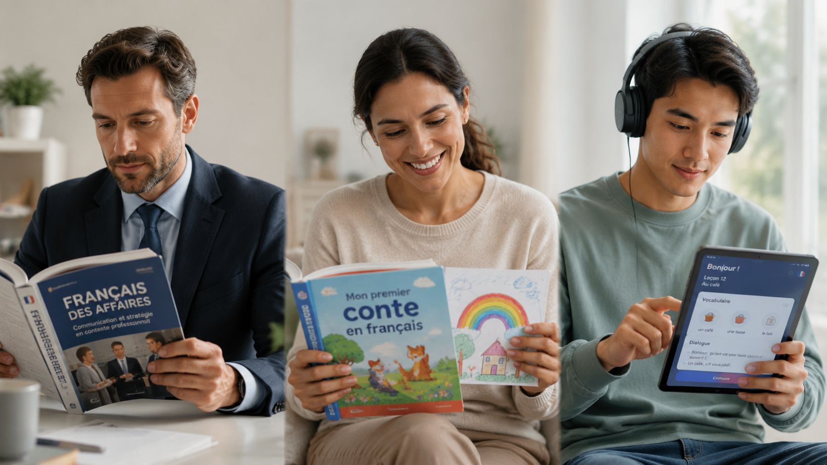 Three people independently learning French through a professional textbook, a children's storybook, and a digital learning tablet.