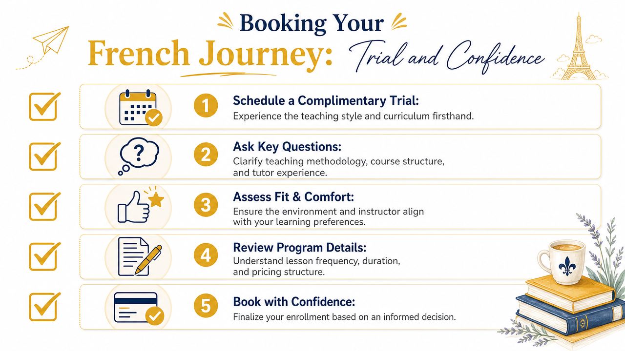 A checklist infographic illustrating five steps for booking French language lessons, from trial to enrollment.