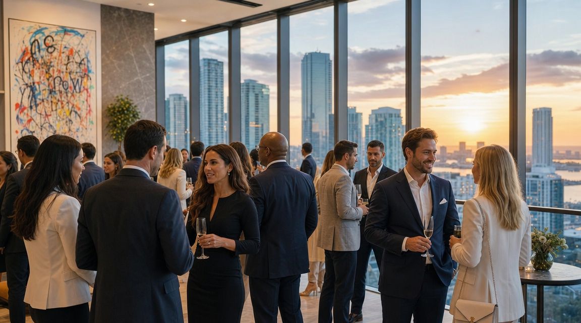 Professionals networking at an upscale evening event with a sunset view of the Miami skyline.
