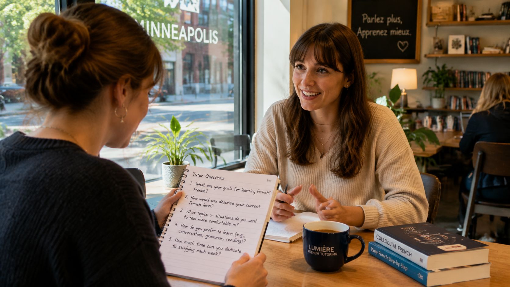 A tutor conducting a French lesson with a student in a cafe in Minneapolis.