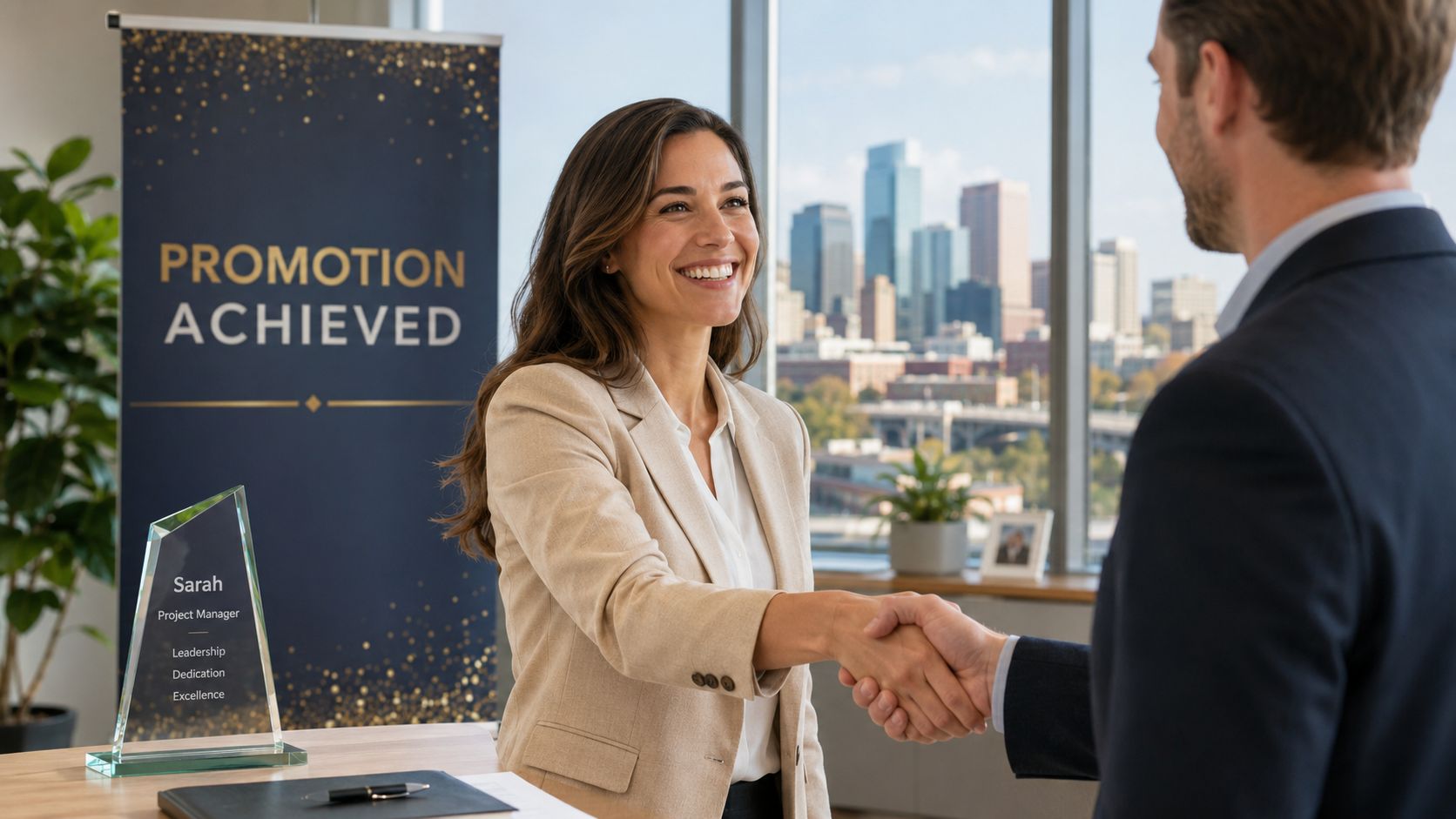 A professional woman in a blazer shakes hands with a colleague after receiving a promotion.