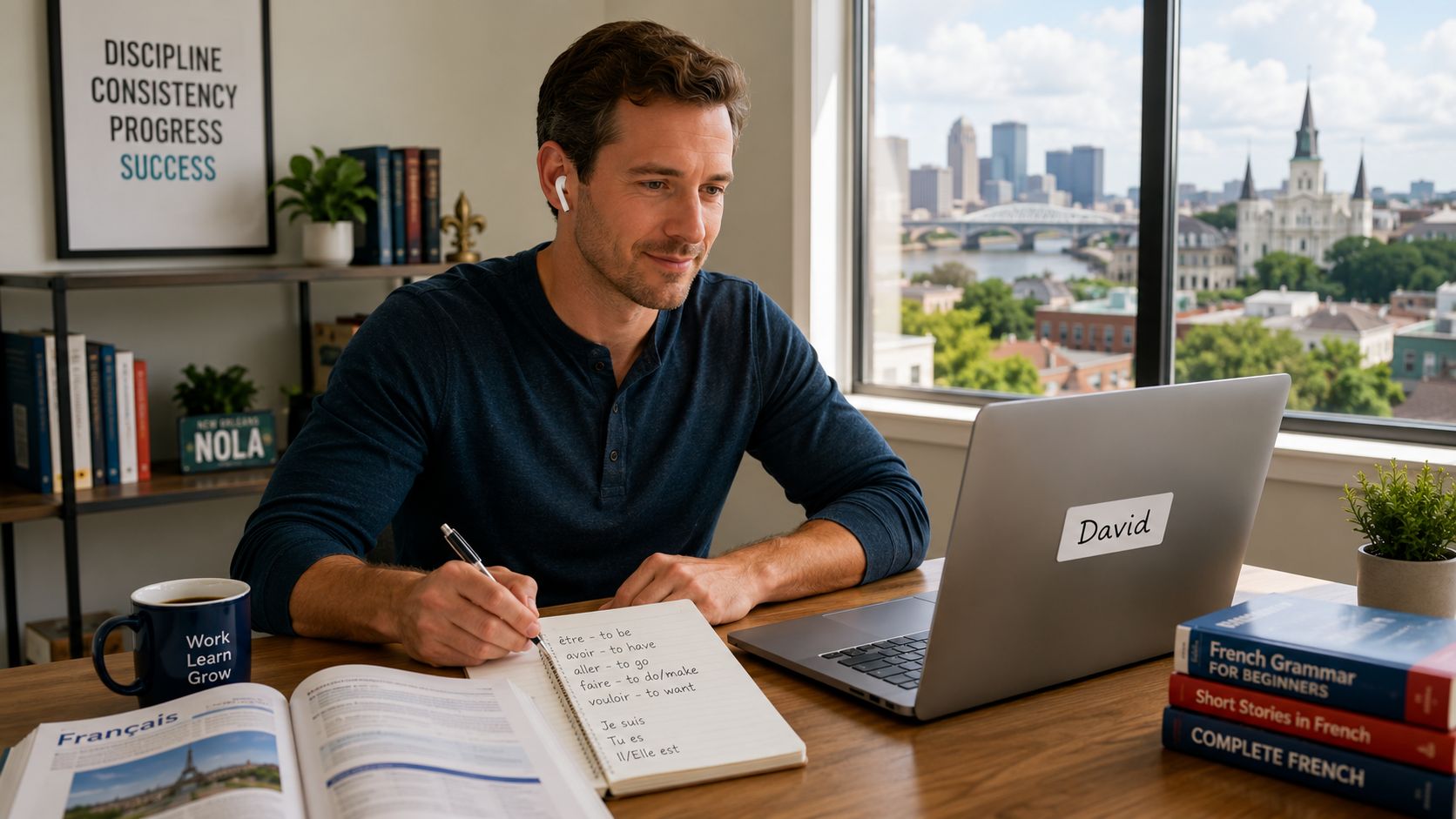 A man studying French language lessons at his desk with a laptop and view of New Orleans.