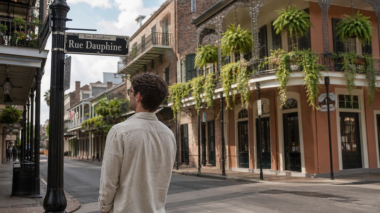 A man wearing a light linen shirt stands in front of a historic Rue Dauphine street sign in New Orleans.