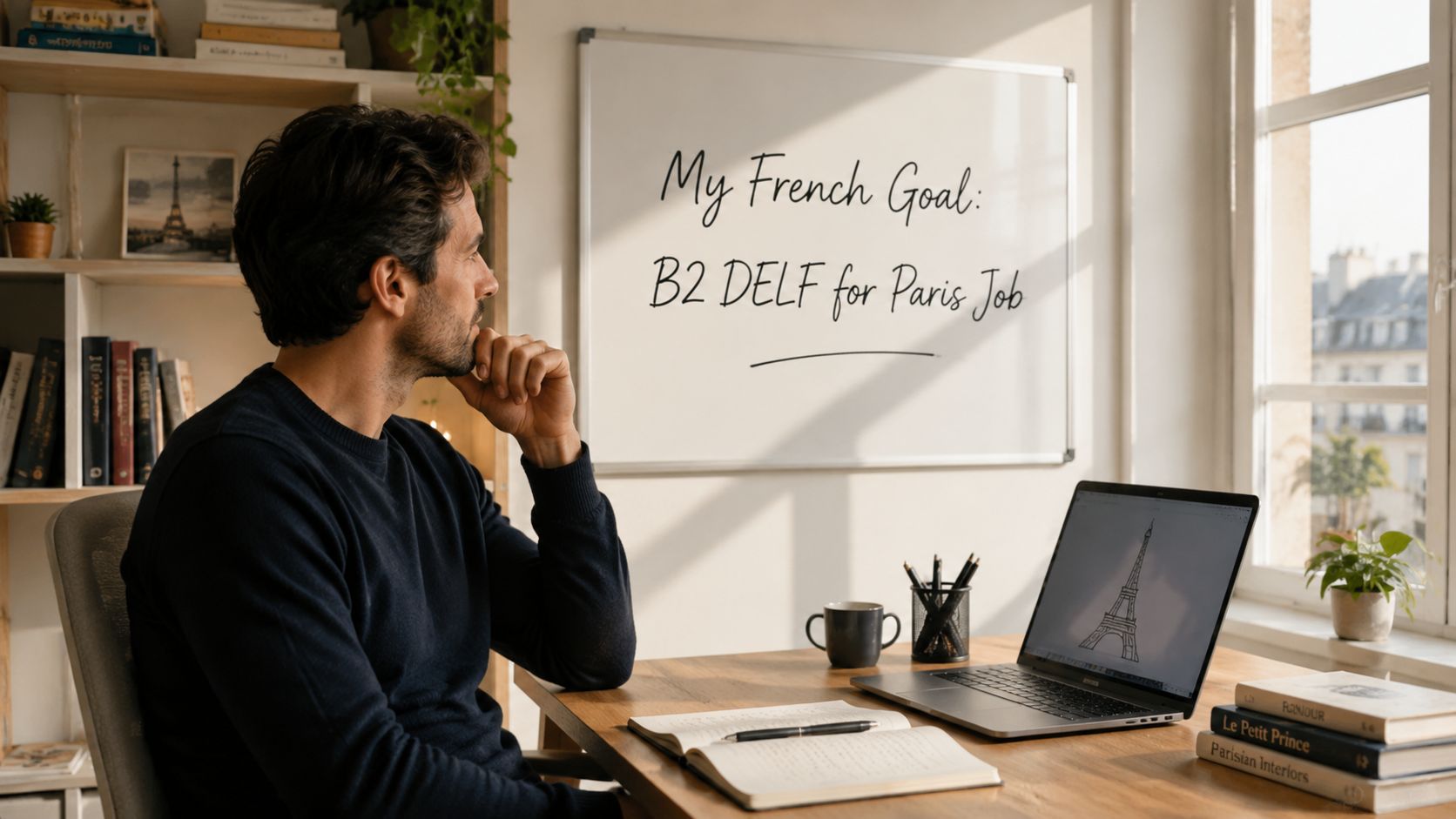 A man sitting at his desk reflecting on his goal to pass the B2 DELF French exam.