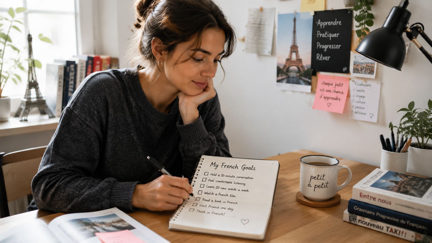 A young woman writing in a notebook labeled My French Goals at her desk while learning a language.
