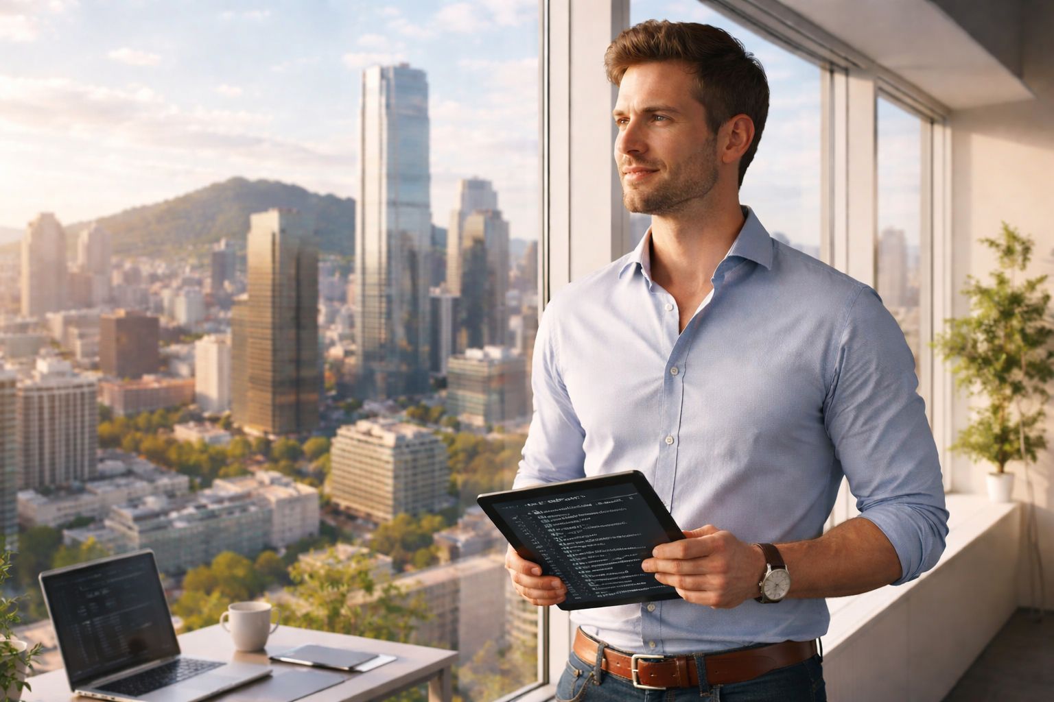A professional man holding a tablet with code displayed, standing in a bright office overlooking a city.