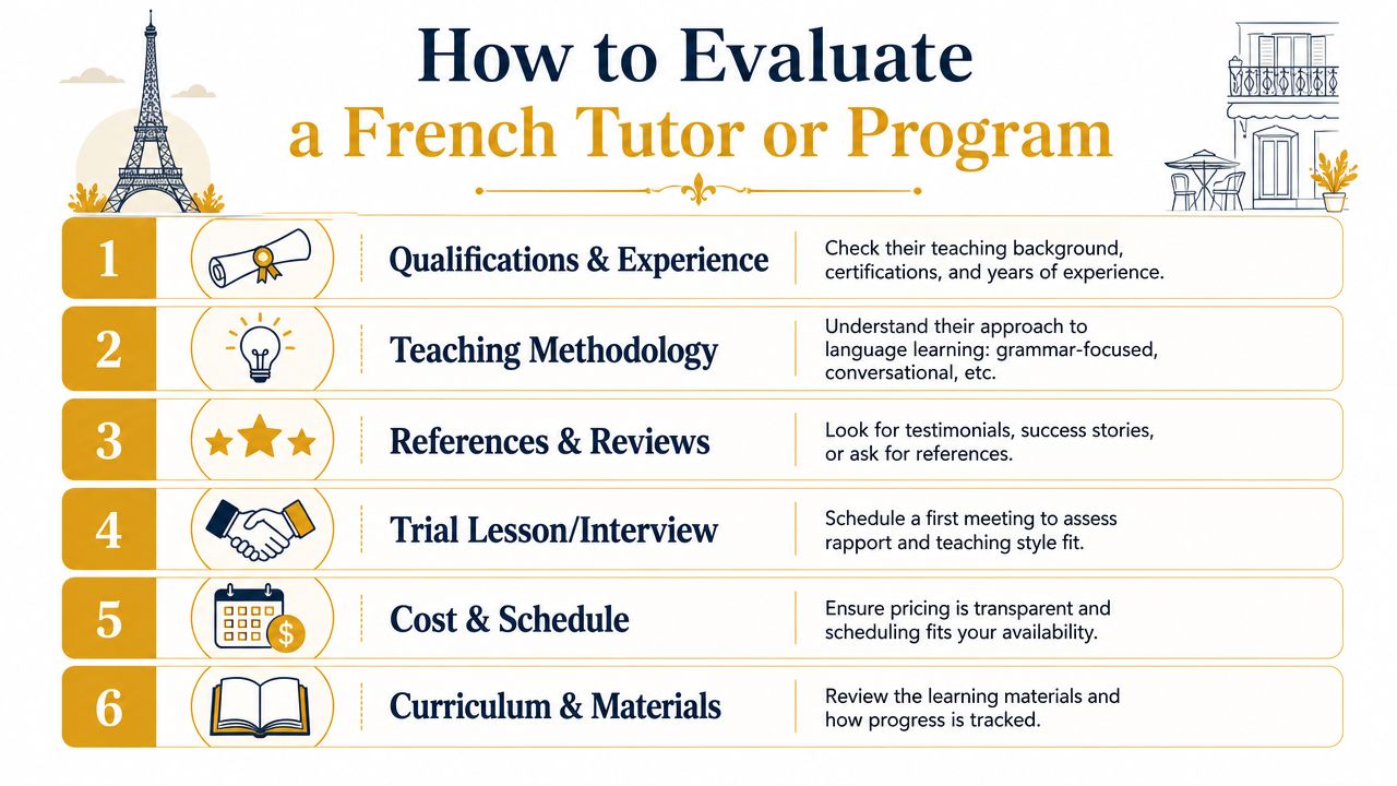 A six-step guide infographic for evaluating a French tutor or educational program for language learners.