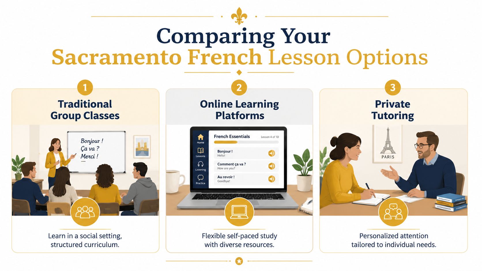 An infographic comparing three methods for learning French in Sacramento including group classes, online platforms, and private tutoring.