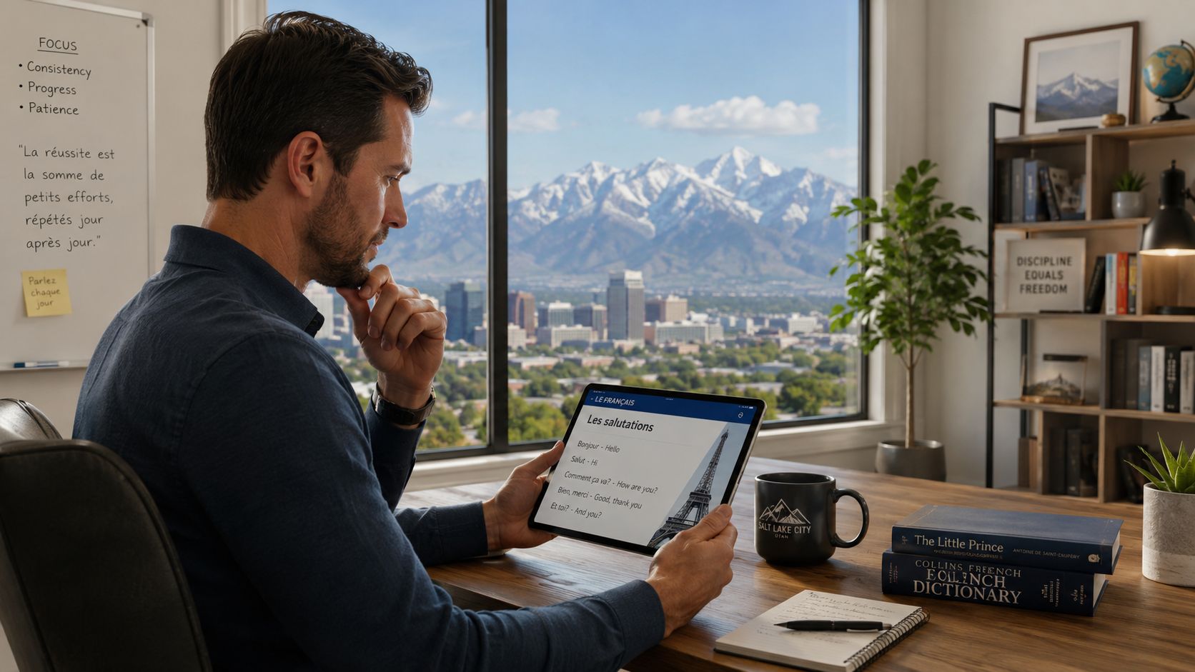 A man studying French language lessons on a tablet with a scenic Salt Lake City mountain view.