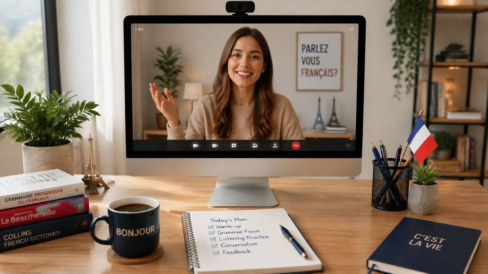 A woman teaching French online via video call on a desk with books and a notebook.