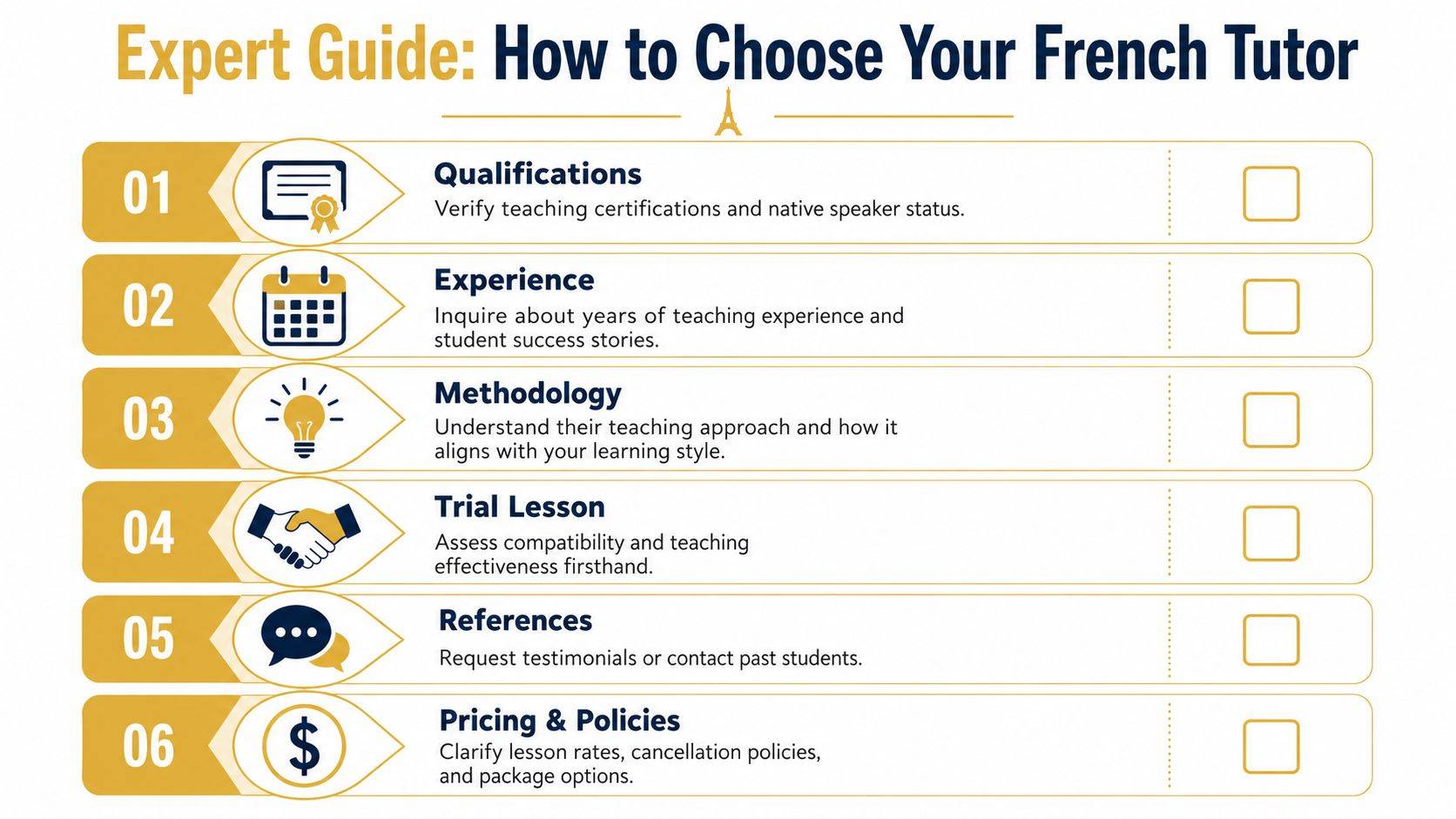 An infographic checklist for choosing a French tutor, highlighting qualifications, experience, methodology, trial lessons, references, and pricing.