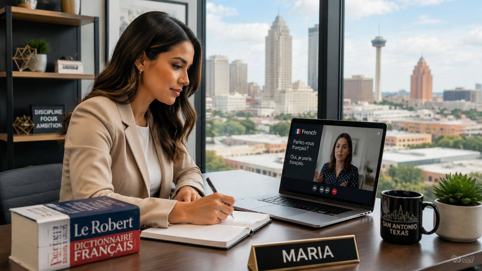 A professional woman studying French on her laptop in a modern office overlooking San Antonio, Texas.
