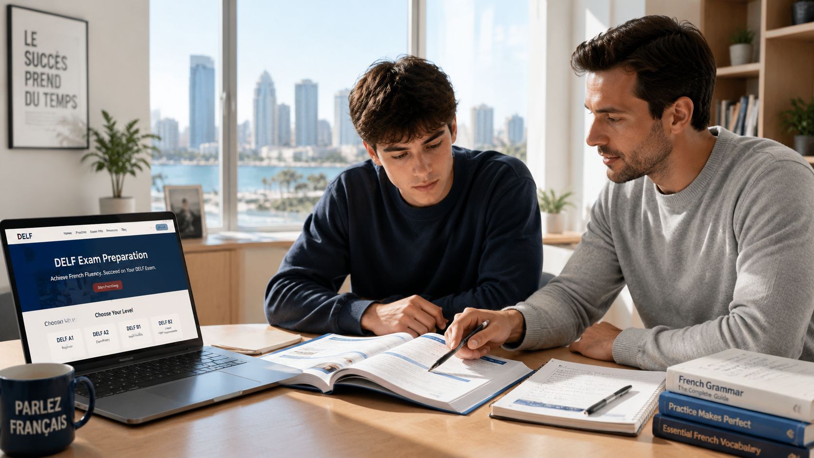 A tutor and student studying for a French language proficiency exam together at a desk.