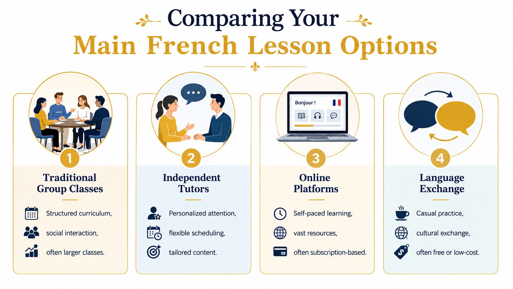 An infographic comparing four main French language learning options: group classes, private tutors, online platforms, and language exchanges.
