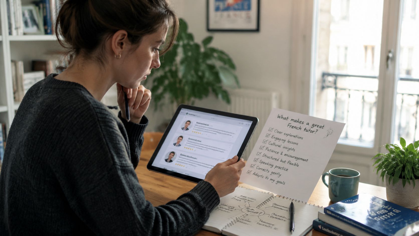 A woman reviews online French tutor profiles on her tablet alongside a handwritten checklist of teacher qualities.