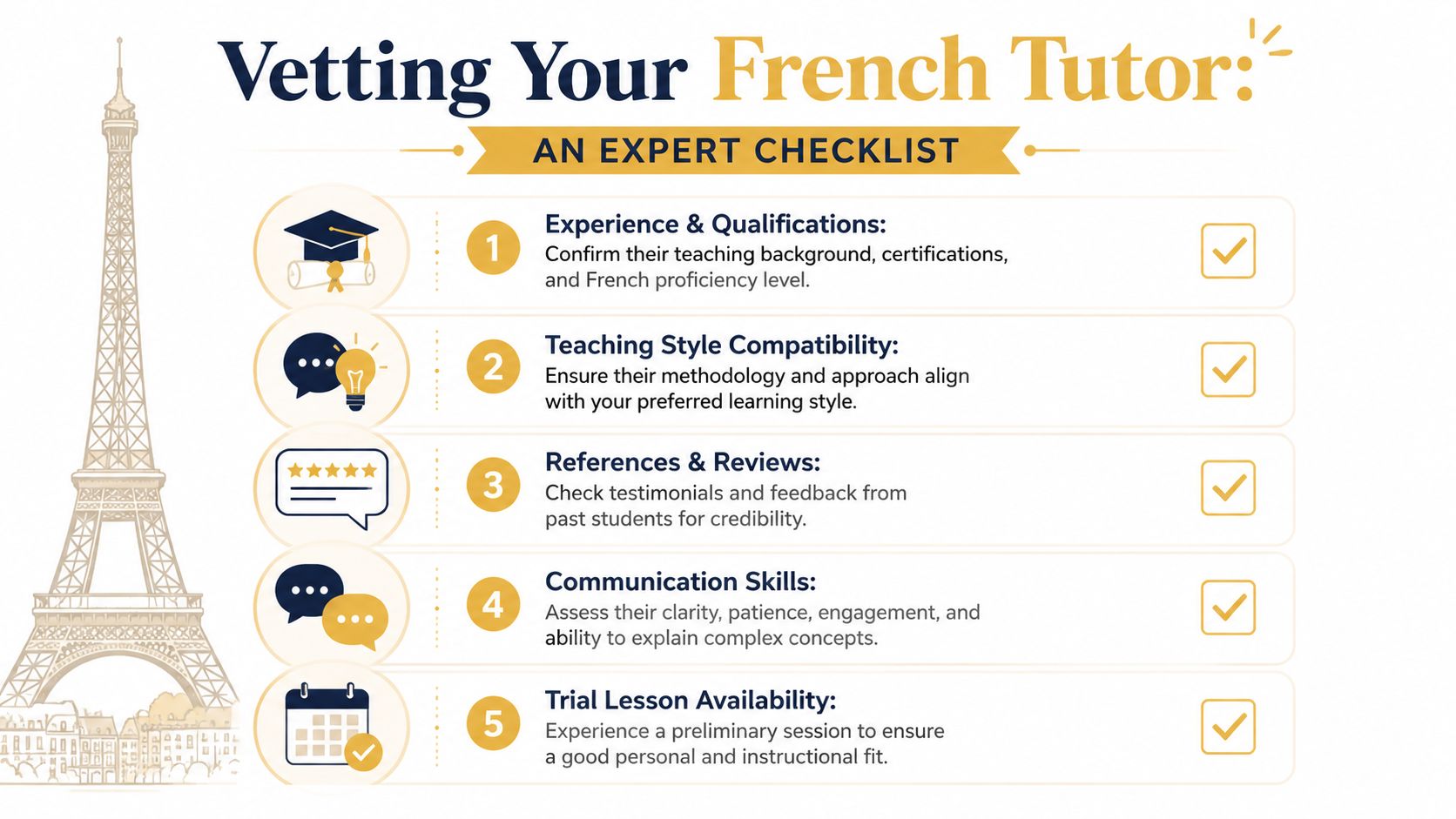 An infographic checklist for vetting a French tutor, featuring five essential criteria for selecting the best educator.