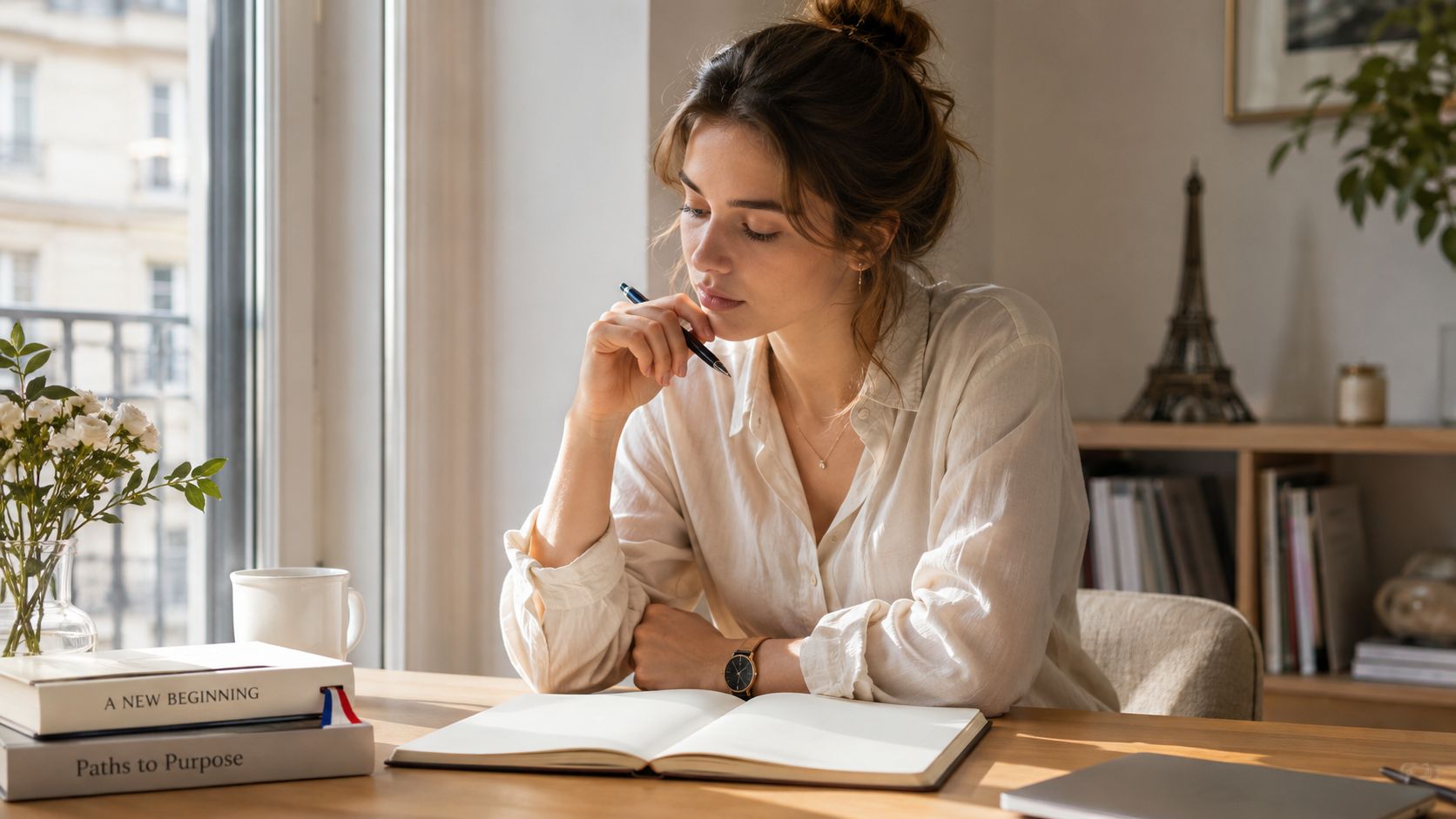 A young woman sits at a wooden desk with a notebook, pen, and books near a window.