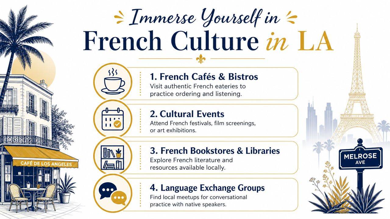 An infographic illustrating four ways to immerse yourself in French culture while living in Los Angeles.