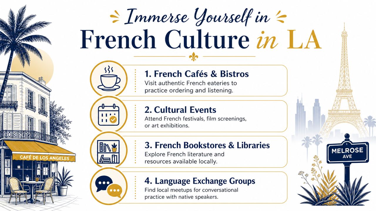 An infographic illustrating four ways to immerse yourself in French culture while living in Los Angeles.