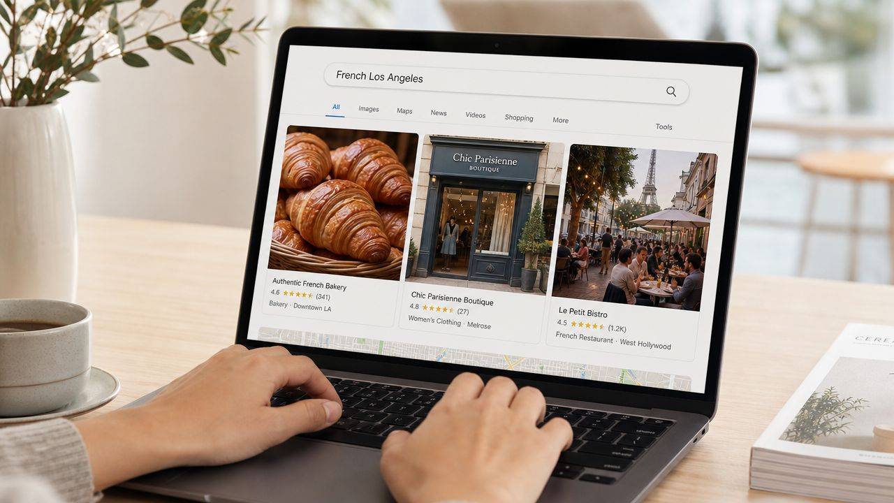 A person using a laptop to search for French businesses in Los Angeles on a Google search results page.