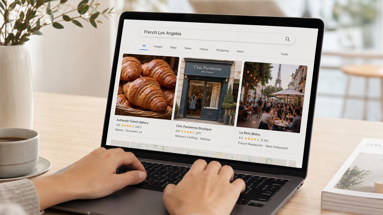 A person using a laptop to search for French businesses in Los Angeles on a Google search results page.
