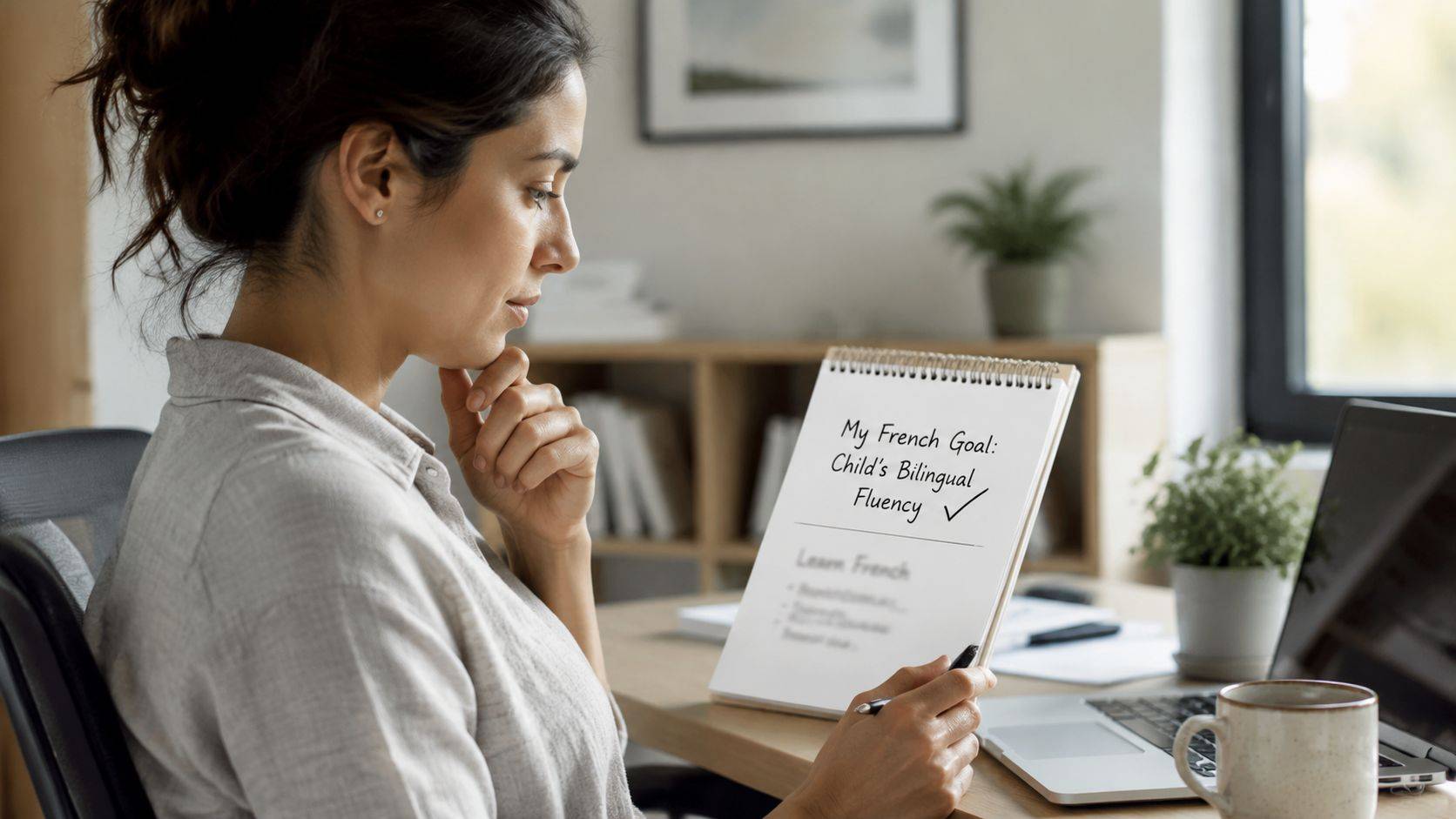 A woman looks at a notepad on her desk with written language goals for her child.