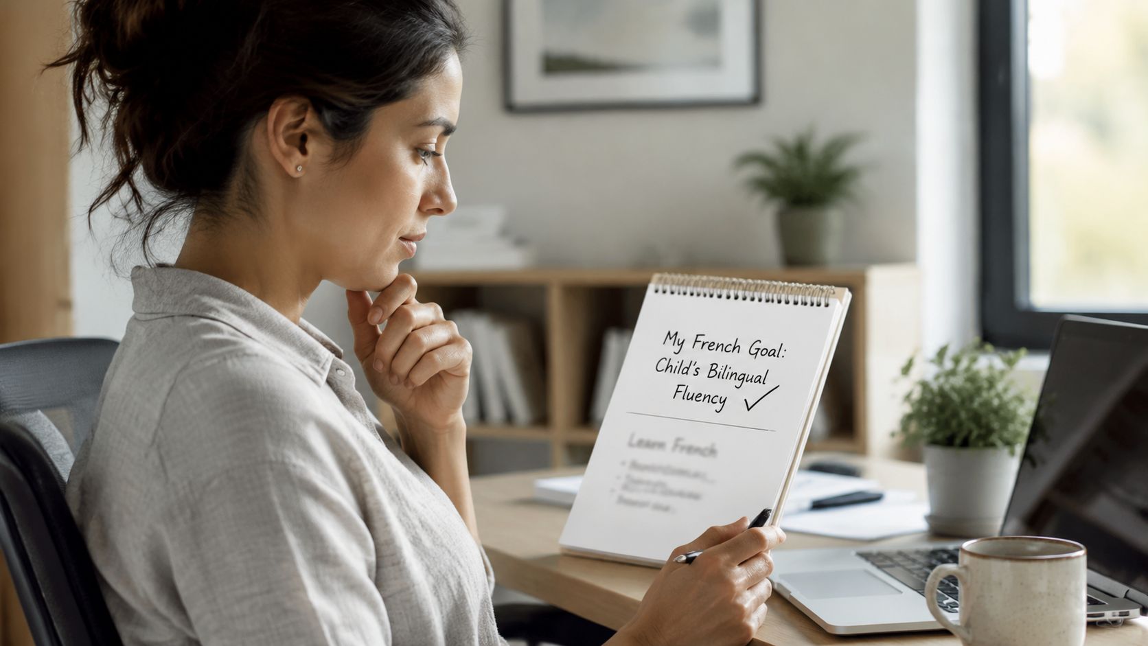 A woman looks at a notepad on her desk with written language goals for her child.
