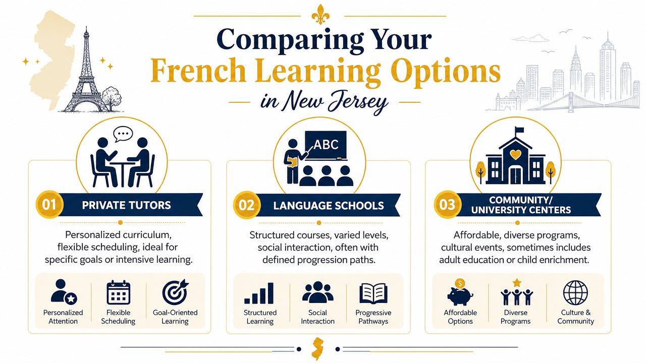 An infographic comparing private tutors, language schools, and community centers for learning French in New Jersey.