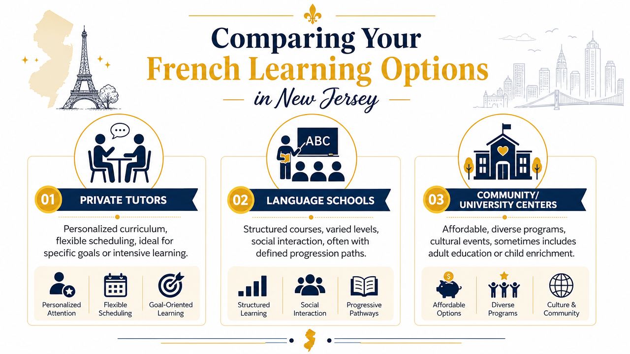 An infographic comparing private tutors, language schools, and community centers for learning French in New Jersey.