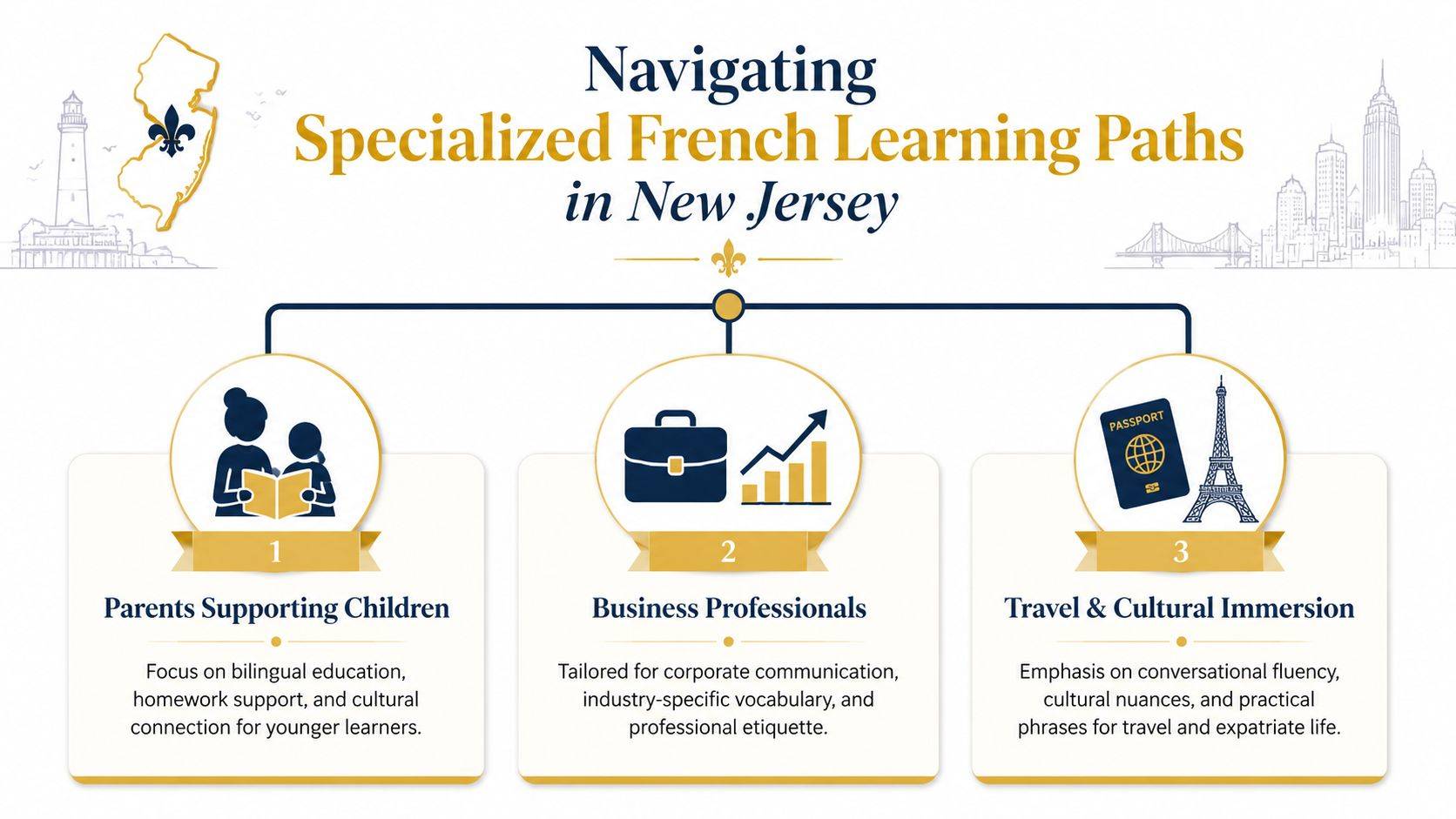 An infographic titled Navigating Specialized French Learning Paths in New Jersey for parents, business, and travel.