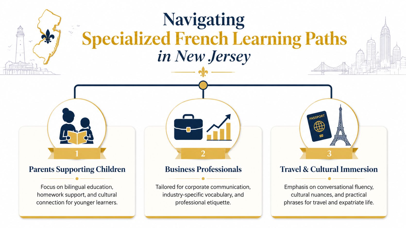 An infographic titled Navigating Specialized French Learning Paths in New Jersey for parents, business, and travel.