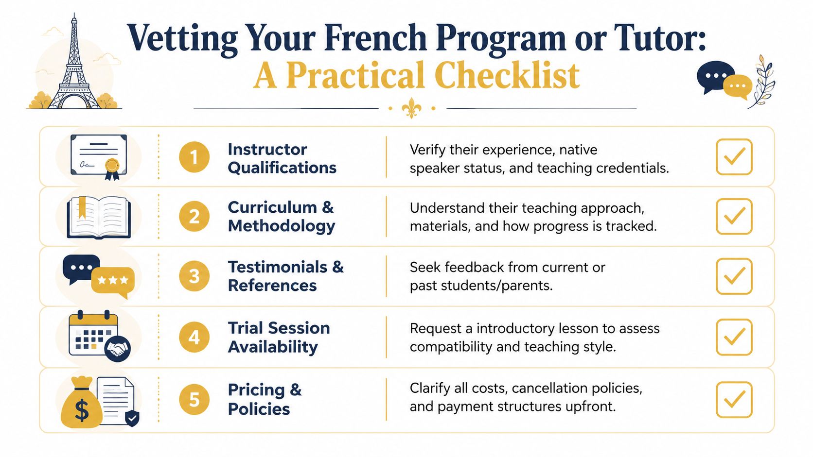 A practical checklist for evaluating French language programs or tutors, including five essential steps for verification.