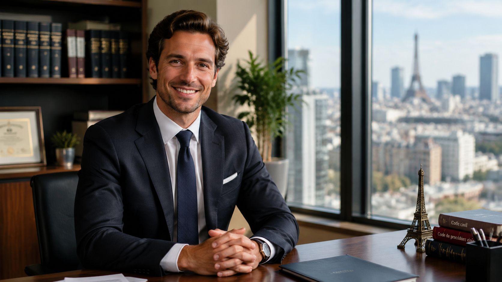 A professional man in a business suit sitting at a desk in a Parisian office.