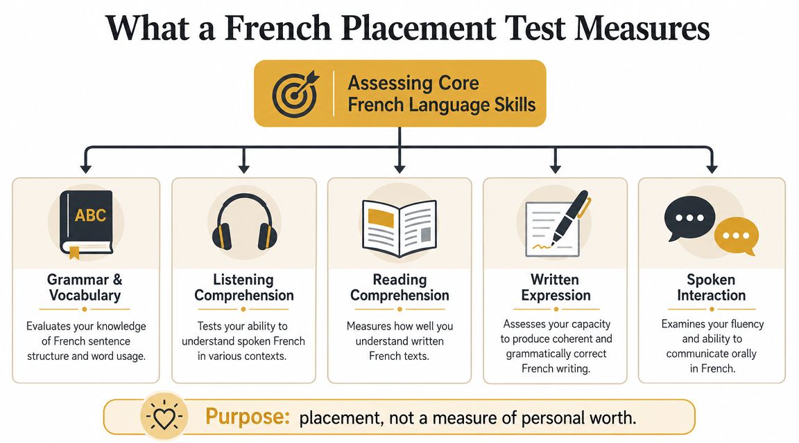 A diagram explaining the five key language skills measured by a standard French placement test assessment.