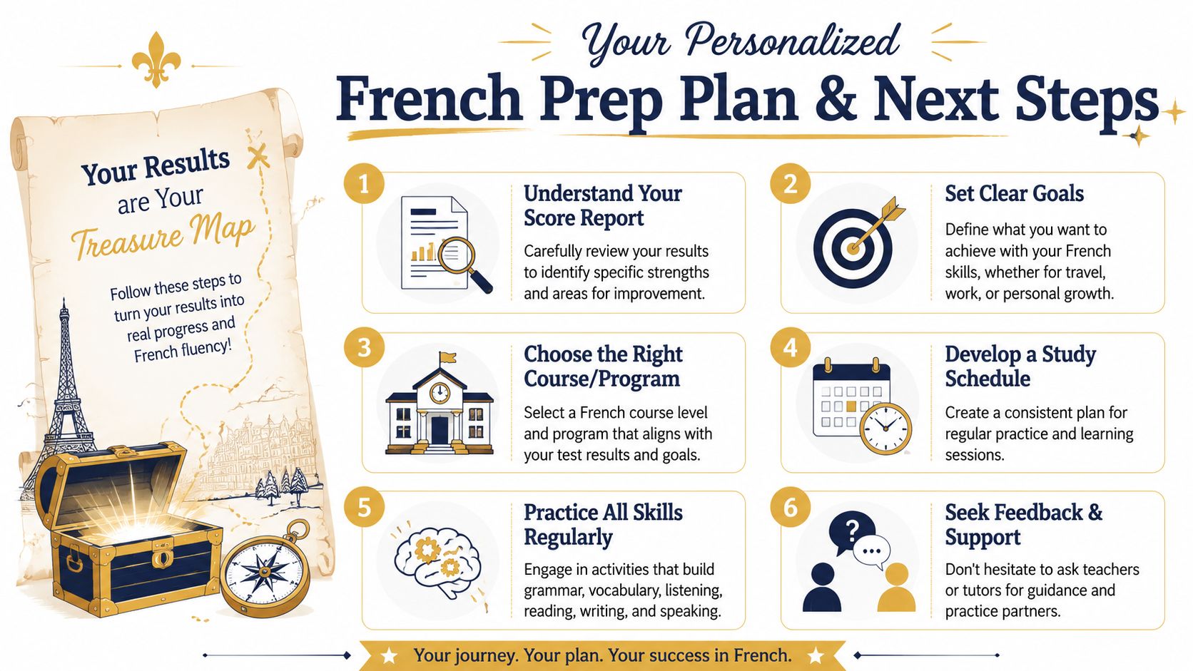 An infographic titled Your Personalized French Prep Plan providing six steps to improve French language skills.