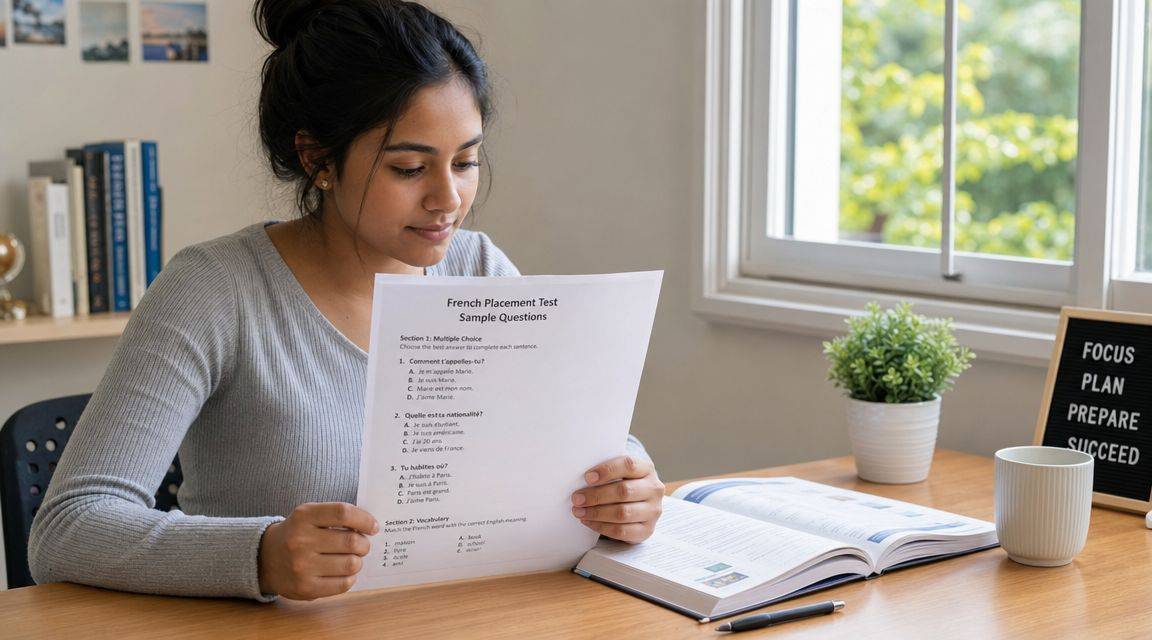 A woman studying with a French placement test paper in a bright and organized home office.