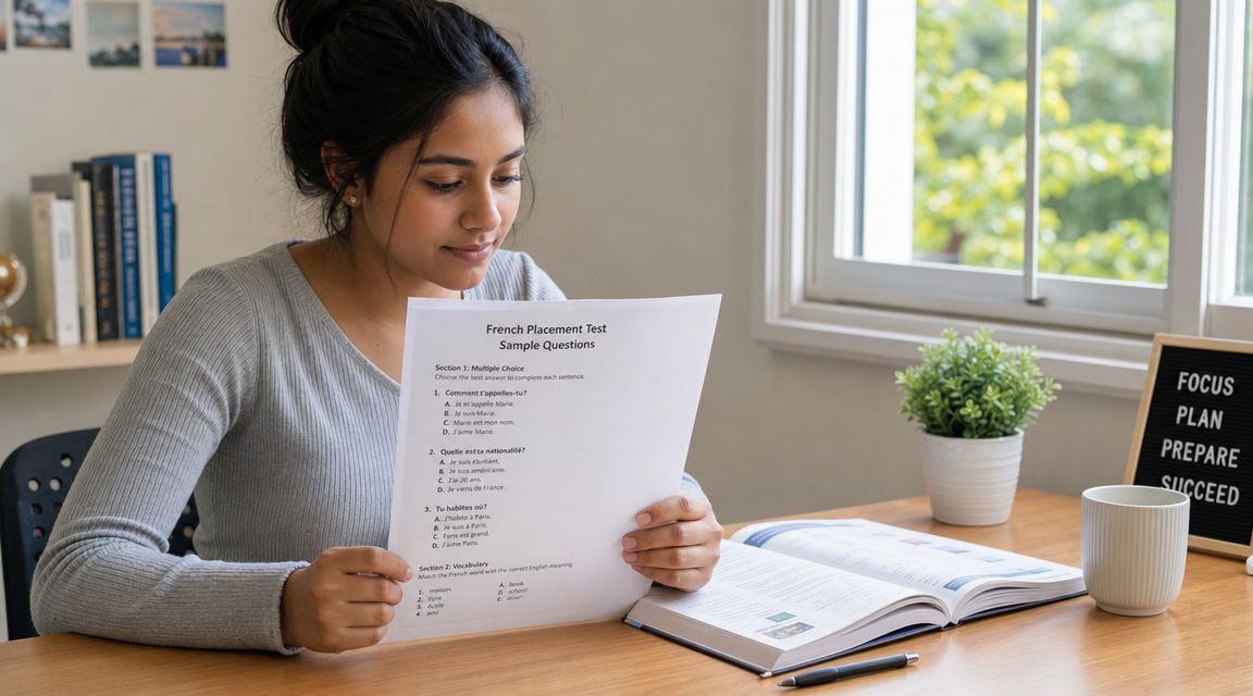 A woman studying with a French placement test paper in a bright and organized home office.