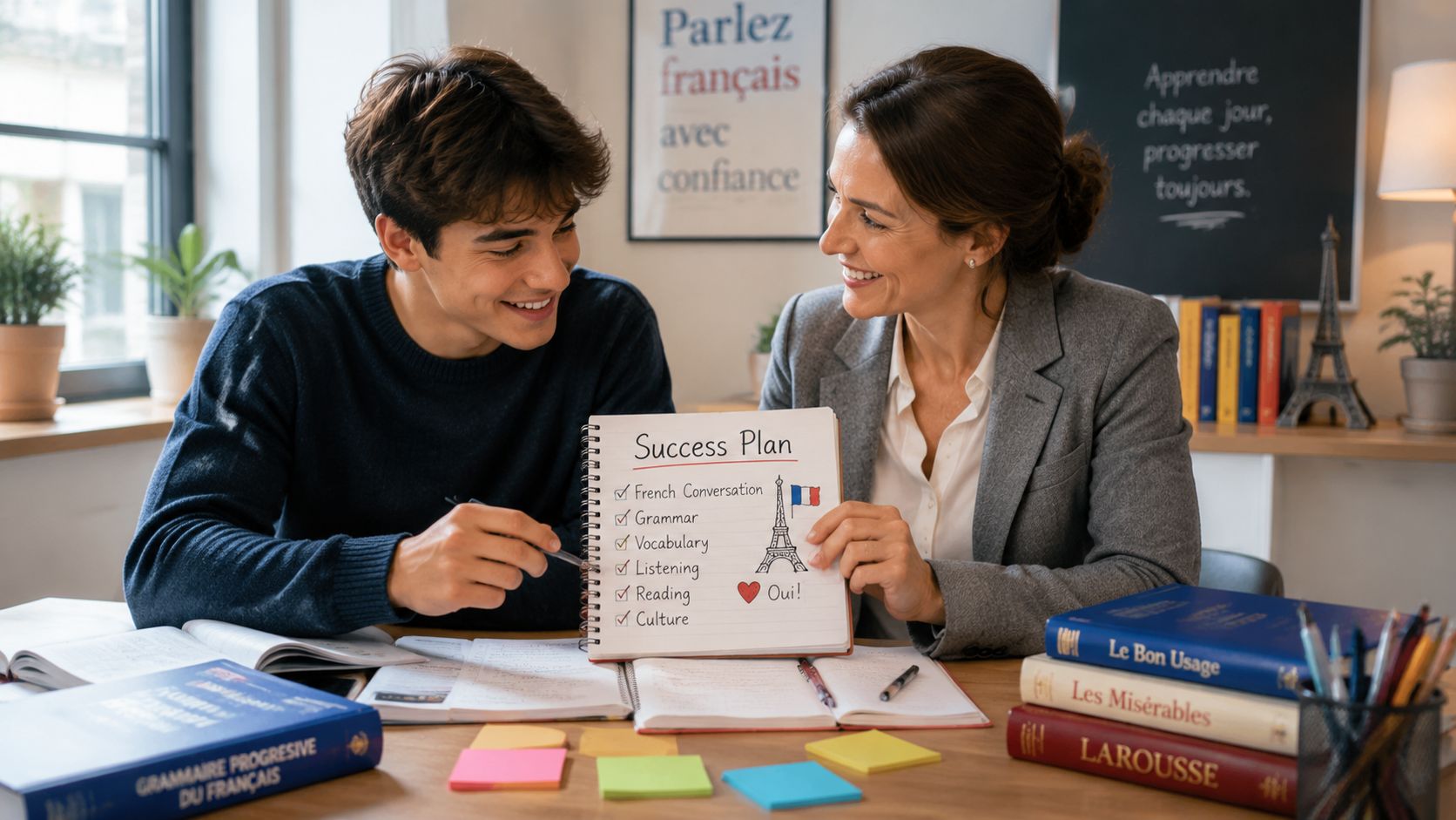 A friendly French tutor smiles while helping a student review a personalized success plan during private lessons.