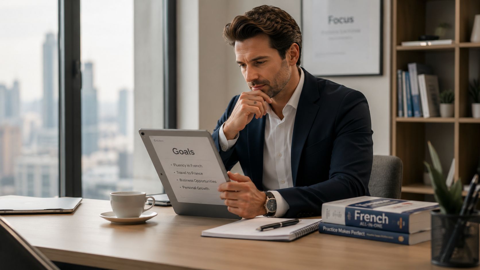 A professional man sitting at an office desk studying French with a digital tablet and textbooks.