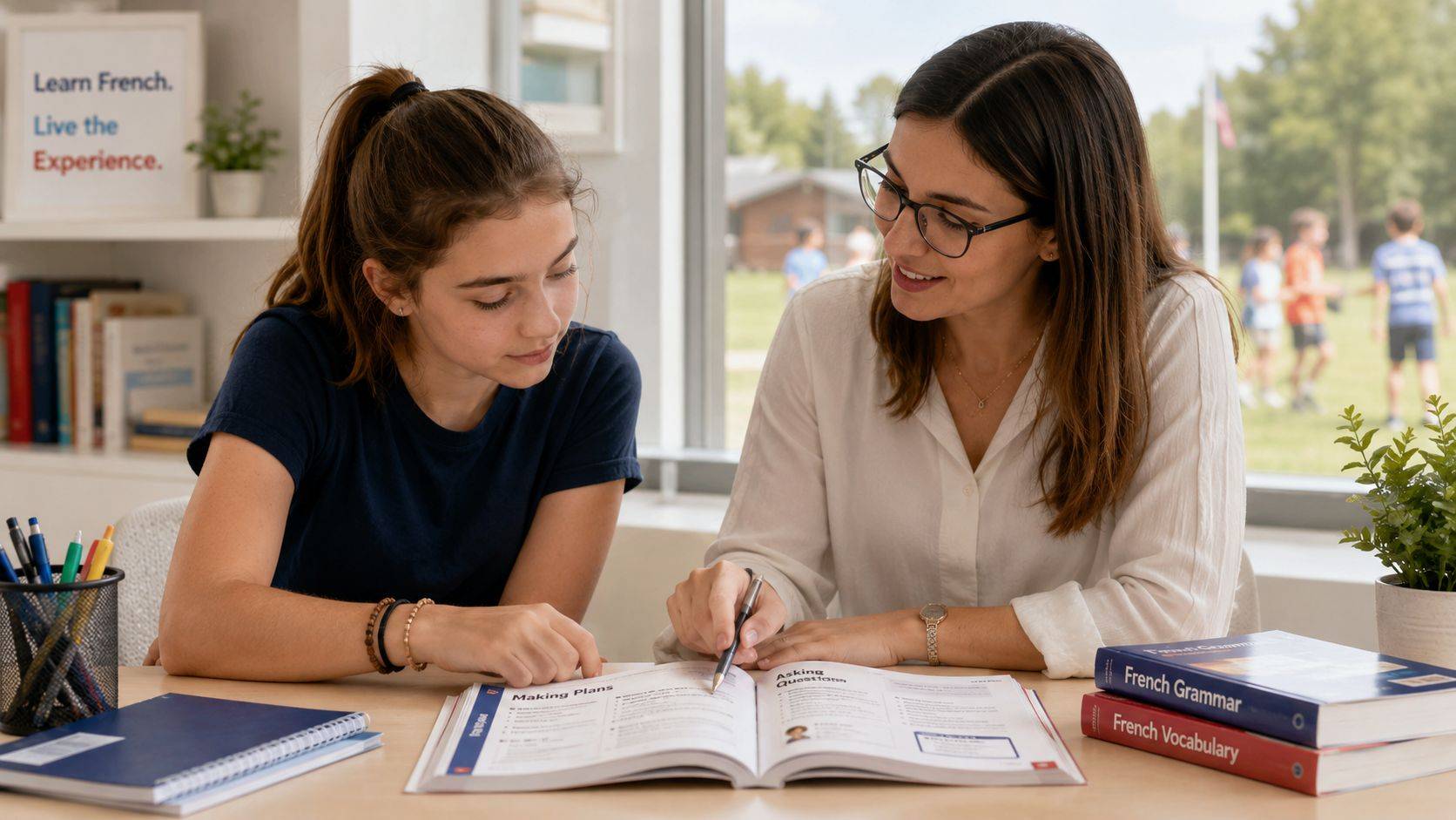 A teacher assisting a young student with French language studies in a brightly lit, educational classroom setting.