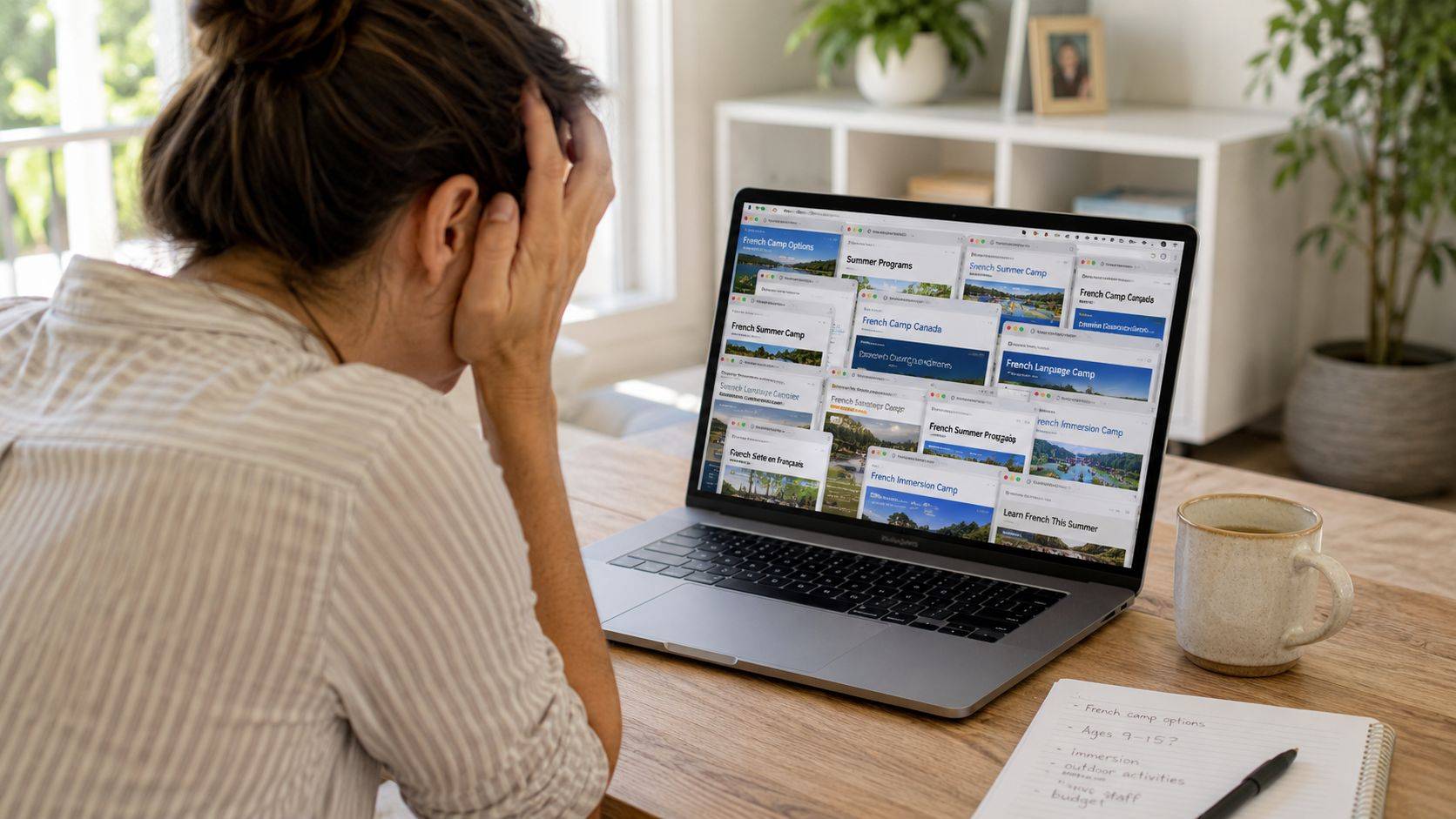 A woman looks stressed while researching various French language summer camp options on her laptop computer.