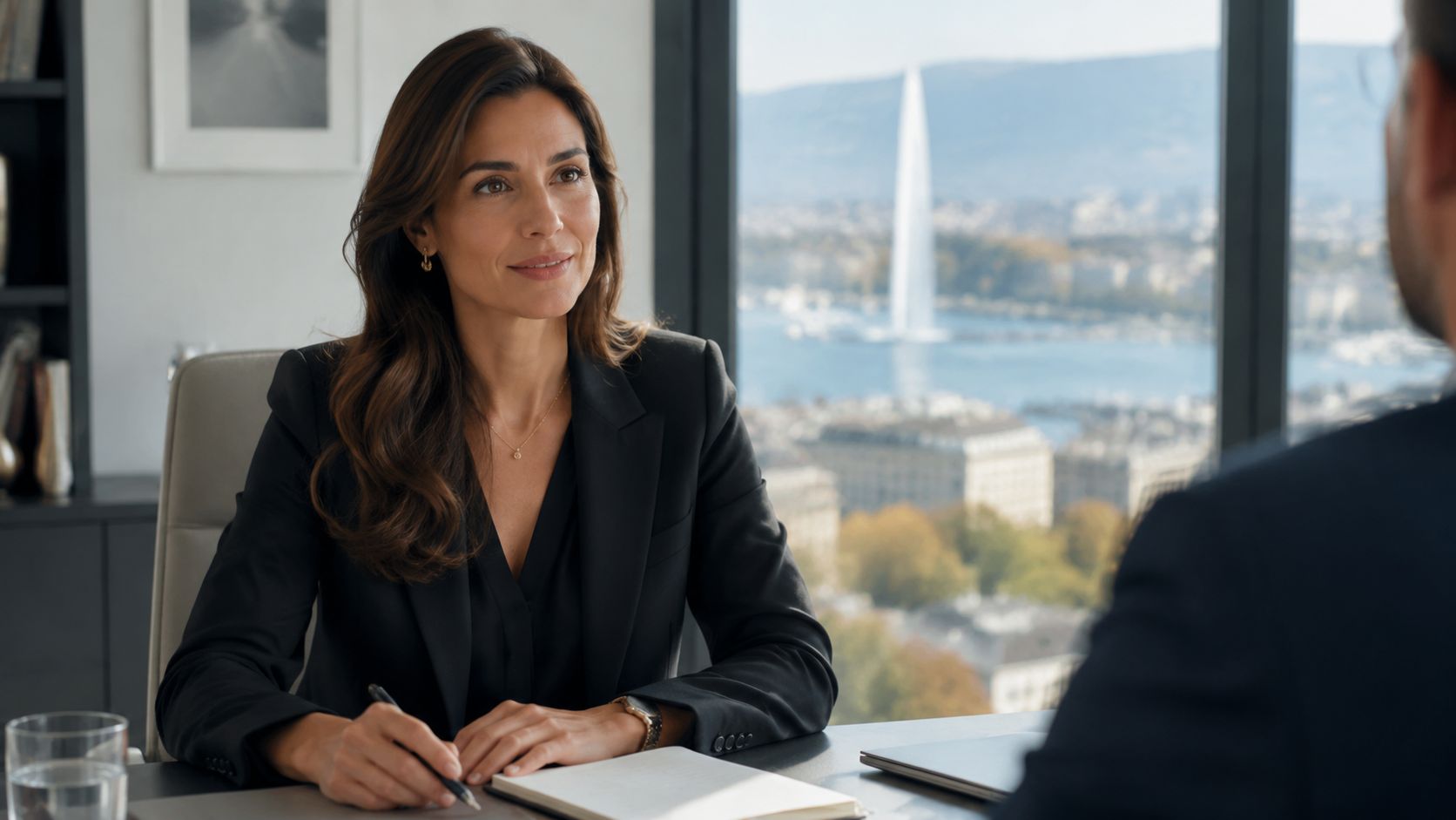 A professional woman in a business suit sitting at a desk during a meeting in an office.